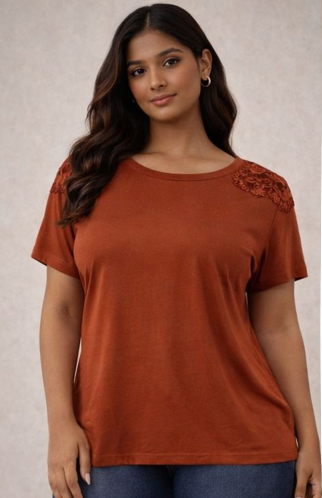 Rust Lace-Shoulder Relaxed Tee