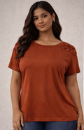 Rust Lace-Shoulder Relaxed Tee