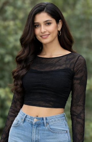 Black Lace Long Sleeve Ruched Crop Top