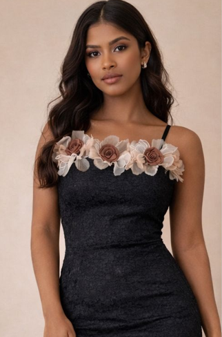 Black Lace Bodycon Mini Dress with 3D Floral Trim