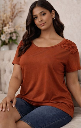 Rust Lace-Shoulder Relaxed Tee