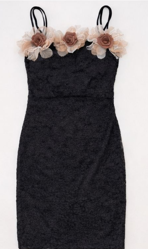 Black Lace Bodycon Mini Dress with 3D Floral Trim